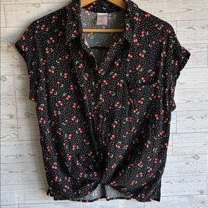 Pinup Couture Black Red Cherry Retro camp Shirt Top tie Blouse size xl
